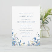 Invitation Mariage Floral Blanc Bleu Moderne (Debout devant)