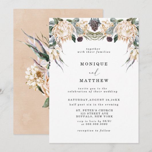 Invitation Mariage floral blanc boho tropical (Devant / Derrière)