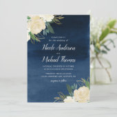Invitation Mariage floral blanc d'aquarelle de bleu marine (Debout devant)