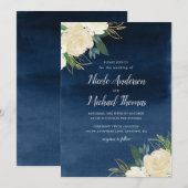 Invitation Mariage floral blanc d'aquarelle de bleu marine (Devant / Derrière)
