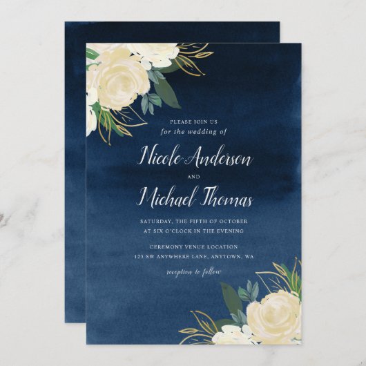 Invitation Mariage floral blanc d'aquarelle de bleu marine (Devant / Derrière)