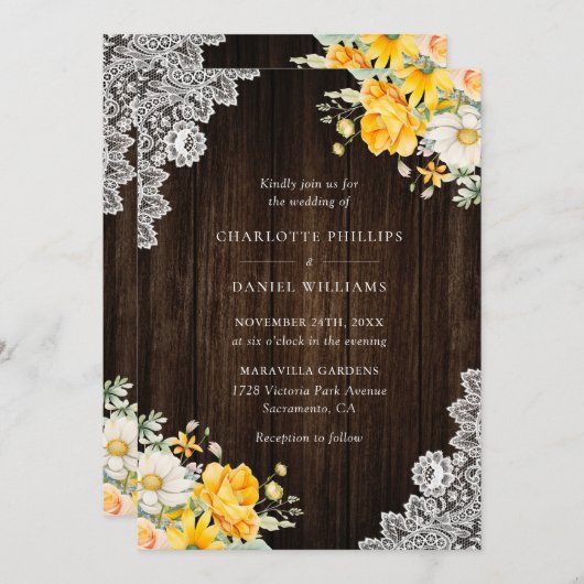 Invitation Mariage floral blanc de Pêche jaune rustique (Devant / Derrière)