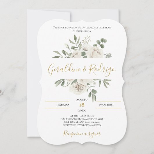 Invitation Mariage floral blanc en espagnol (Devant)