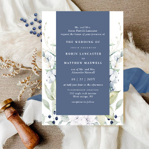 Invitation Mariage floral blanc et bleu chic, Navy
