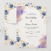 Invitation Mariage floral blanc et bleu gris (Devant / Derrière)
