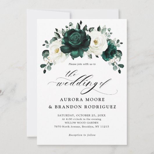 Invitation Mariage floral blanc et de verdure d'émeraude Euca (Devant)