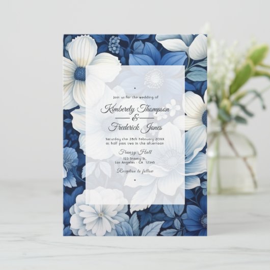 Invitation Mariage floral blanc et marine (Debout devant)