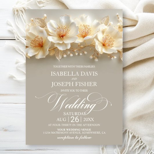 Invitation Mariage floral blanc et or
