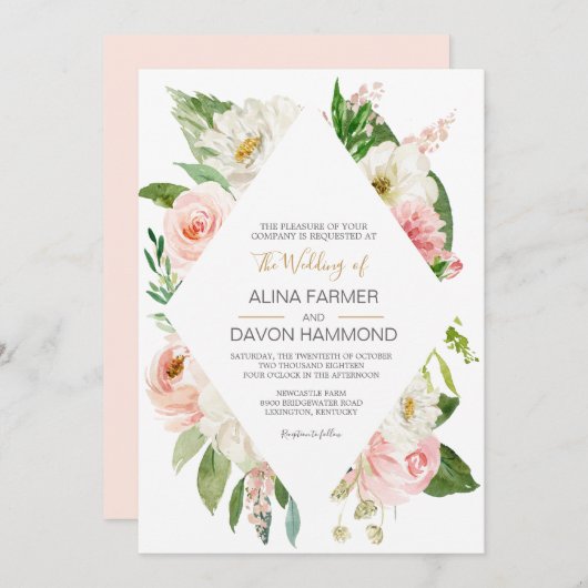 Invitation Mariage floral blanc et rose pâle Rose (Devant / Derrière)