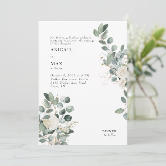 Invitation Mariage floral blanc Hydrangea Eucalyptus blanc (Debout devant)