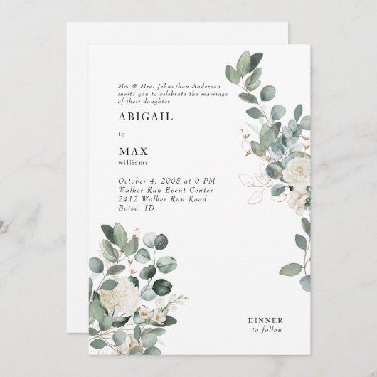 Invitation Mariage floral blanc Hydrangea Eucalyptus blanc (Devant / Derrière)