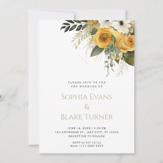 Invitation Mariage floral blanc jaune et vert (Devant)