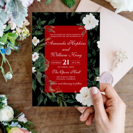 Invitation Mariage floral blanc noir et rouge