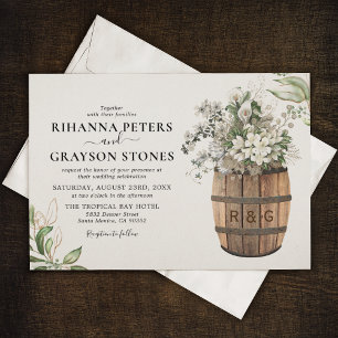 Invitation Mariage Floral Blanc Or Rustique Tonneau