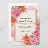 Invitation mariage floral blanc rose et orange (Devant / Derrière)