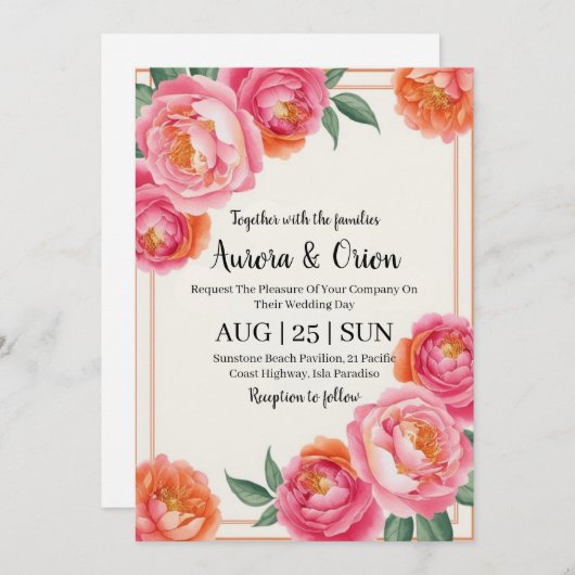 Invitation mariage floral blanc rose et orange (Devant / Derrière)