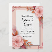 Invitation mariage floral blanc rose et orange (Devant / Derrière)