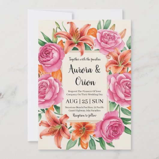 Invitation mariage floral blanc rose et orange (Devant)