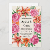 Invitation mariage floral blanc rose et orange (Devant / Derrière)