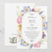 Invitation Mariage Floral Blanc Rose et Violet (Devant / Derrière)