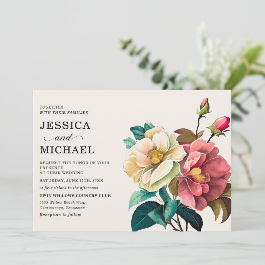 Invitation Mariage floral blanc rouge (Debout devant)