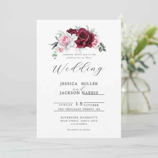 Invitation Mariage Floral Blanc Rustique Rose Marron (Debout devant)