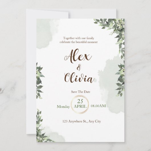 Invitation Mariage floral blanc vert (Devant)