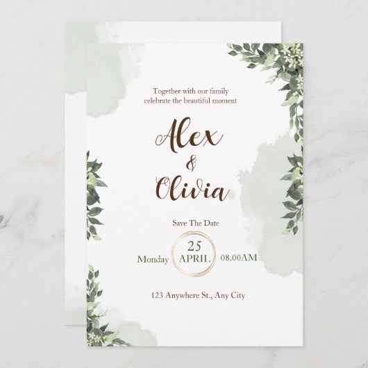 Invitation Mariage floral blanc vert (Devant / Derrière)