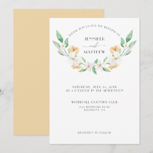 Invitation Mariage floral blanc, vert, jaune | (Devant / Derrière)