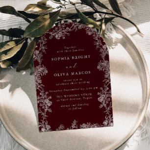 Invitation Mariage Floral Blanc Vintage Bourgogne Profond