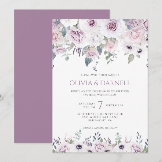 Invitation Mariage floral blanc violet doux rose lavande I (Devant / Derrière)
