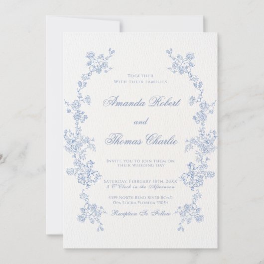 Invitation Mariage Floral bleu (Devant)