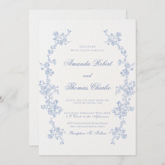 Invitation Mariage Floral bleu (Devant / Derrière)