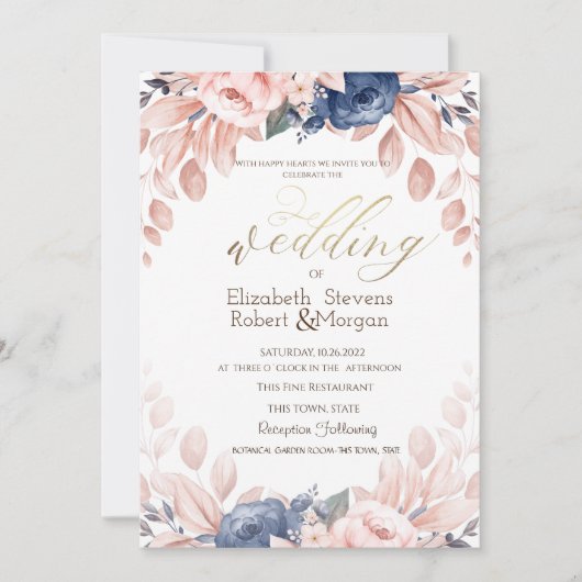 Invitation Mariage Floral Bleu (Devant)