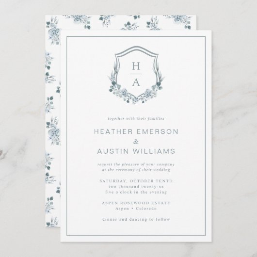 Invitation Mariage Floral bleu (Devant / Derrière)