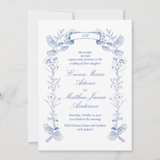 Invitation Mariage Floral bleu (Devant)