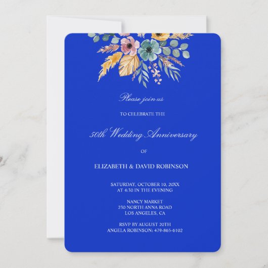 Invitation Mariage floral bleu 50e anniversaire (Devant)