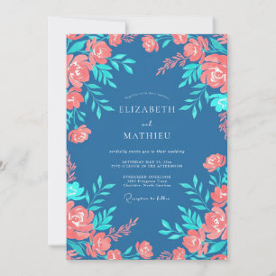 Invitation Mariage Floral Bleu Acier et Pêche