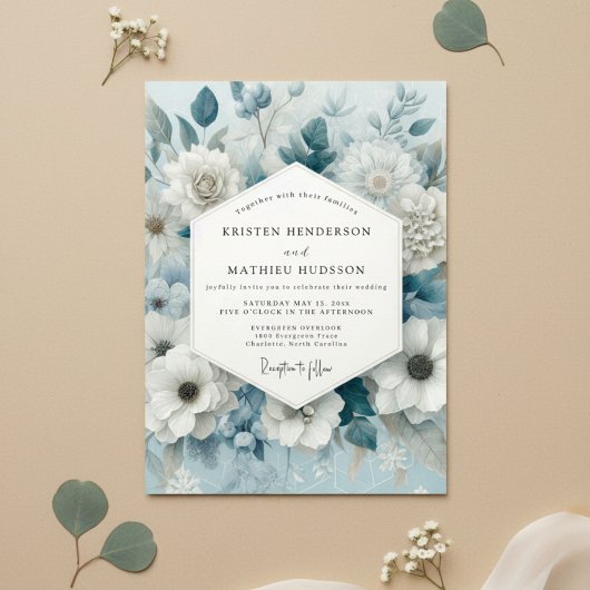 Invitation Mariage Floral Bleu Ardoise