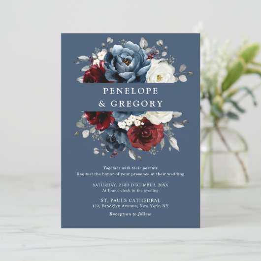 Invitation Mariage Floral Bleu Ardoise Bourgogne Blanc Ivoire (Debout devant)