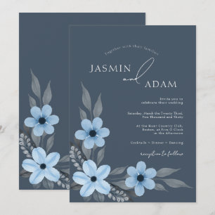 Invitation Mariage Floral Bleu Ardoise Élégant