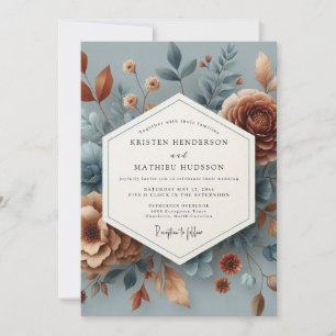 Invitation Mariage Floral Bleu Ardoise et Cuivre