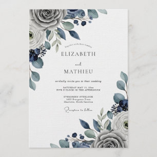 Invitation Mariage Floral Bleu Ardoise Maussade