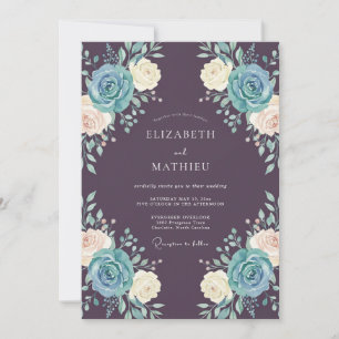 Invitation Mariage Floral Bleu Ardoise Prune