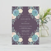 Invitation Mariage Floral Bleu Ardoise Prune (Debout devant)