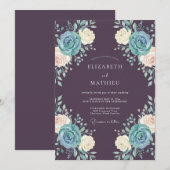 Invitation Mariage Floral Bleu Ardoise Prune (Devant / Derrière)
