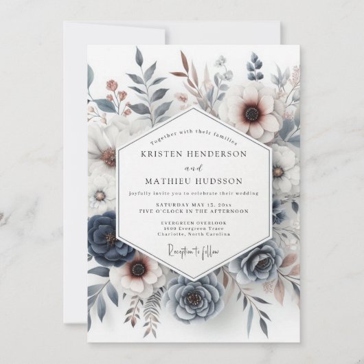 Invitation Mariage Floral Bleu Ardoise & Rouille Maussade (Devant)