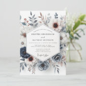 Invitation Mariage Floral Bleu Ardoise & Rouille Maussade (Debout devant)