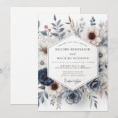 Invitation Mariage Floral Bleu Ardoise & Rouille Maussade (Devant / Derrière)