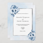 Invitation Mariage floral bleu argent (Devant / Derrière)